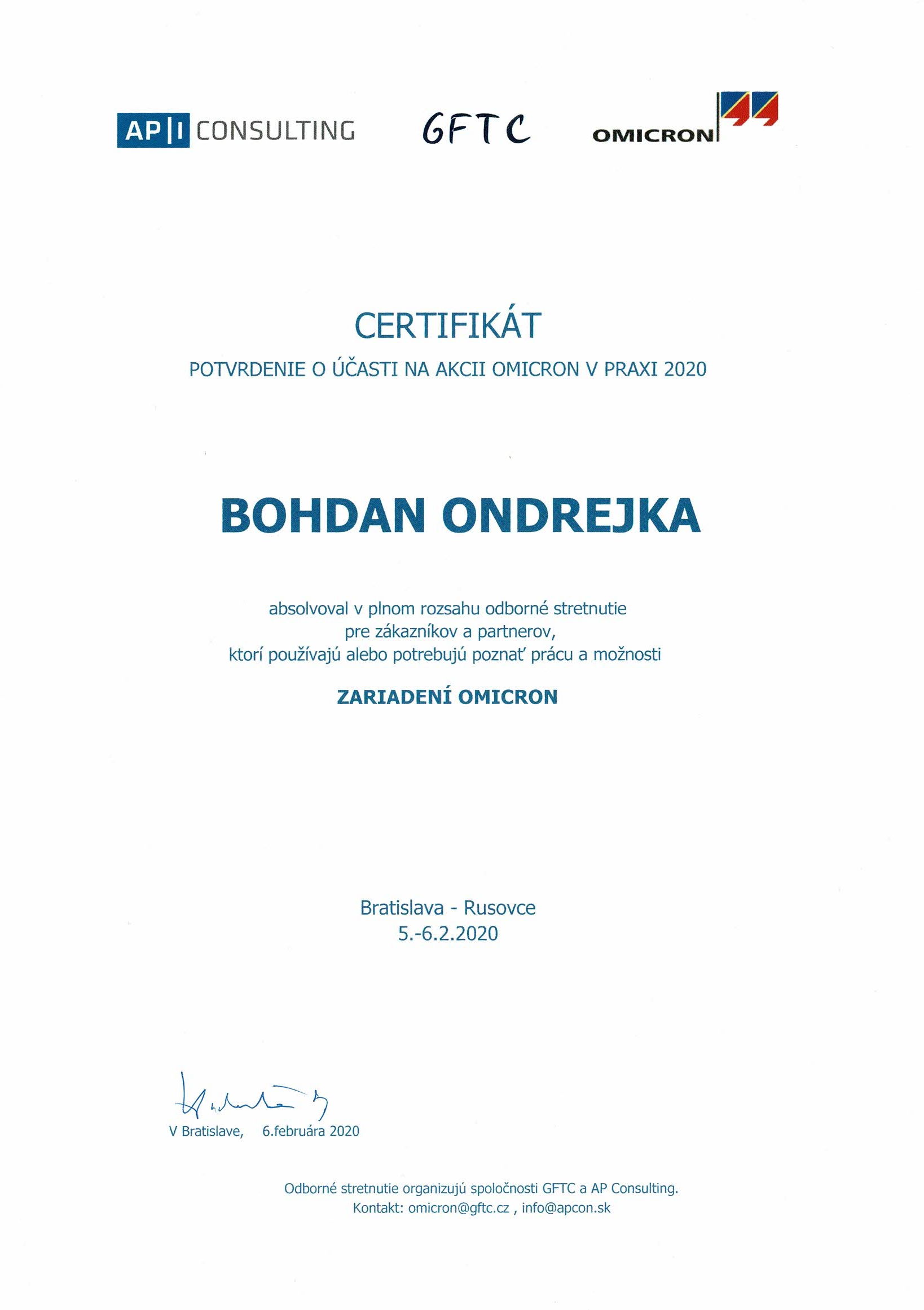 Certifikát o účasti na akcii OMICRON